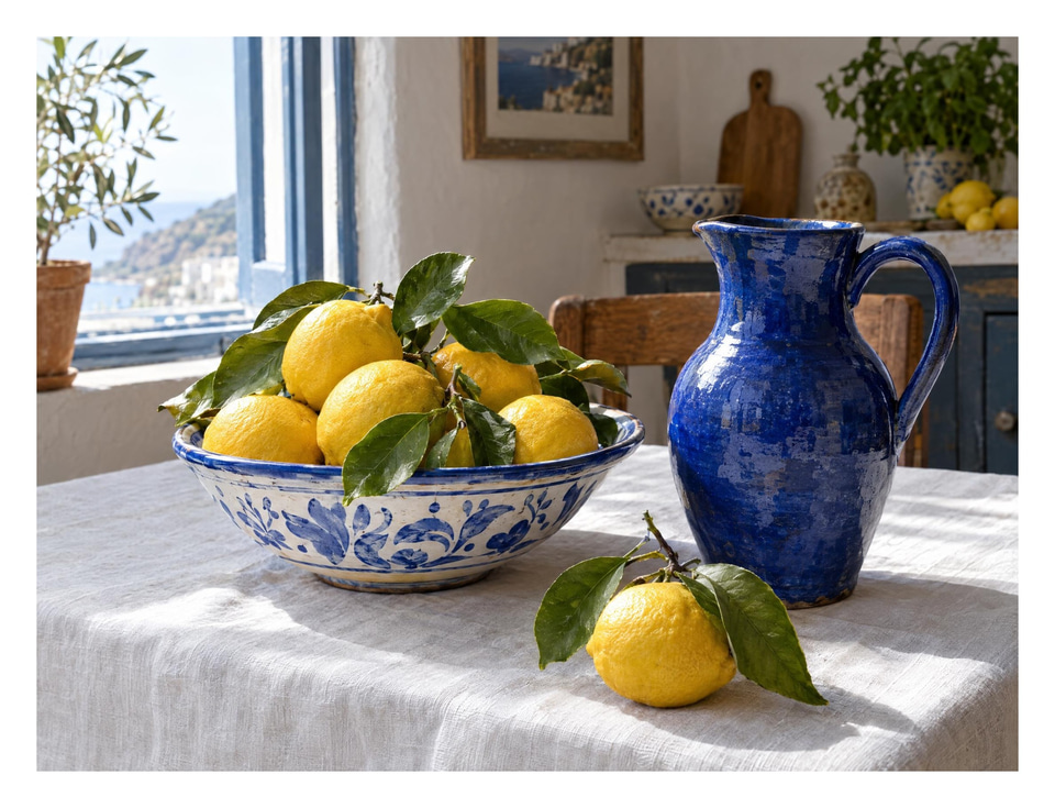 After: Still life of lemons and a blue ceramic jug on a linen tablecloth — border added
