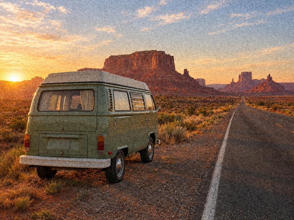 After: Vintage camper van on an empty desert road at golden hour — film grain added