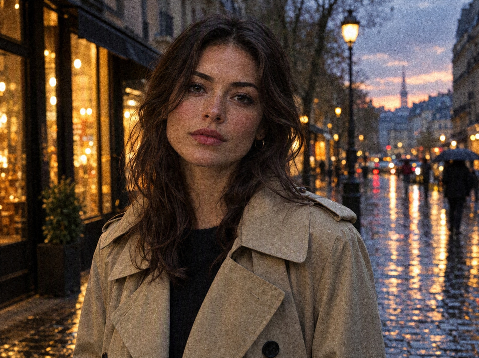 After: Woman in a trench coat on a rainy evening street — film grain added