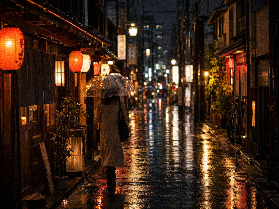 After: Rainy city side street at night with glowing lanterns and reflections — film grain added