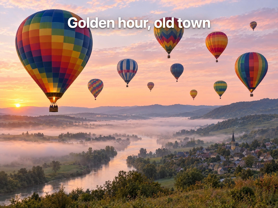 After: Hot-air balloons rising over a misty valley at dawn — caption added