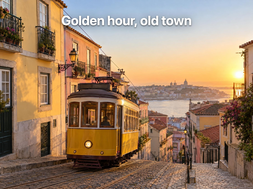 After: Yellow tram climbing a steep old-town street at golden hour — caption added