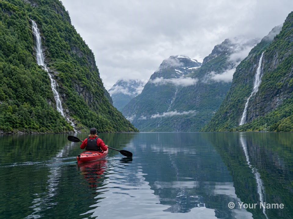 After: Red kayak on a still fjord between steep green mountains — watermarked