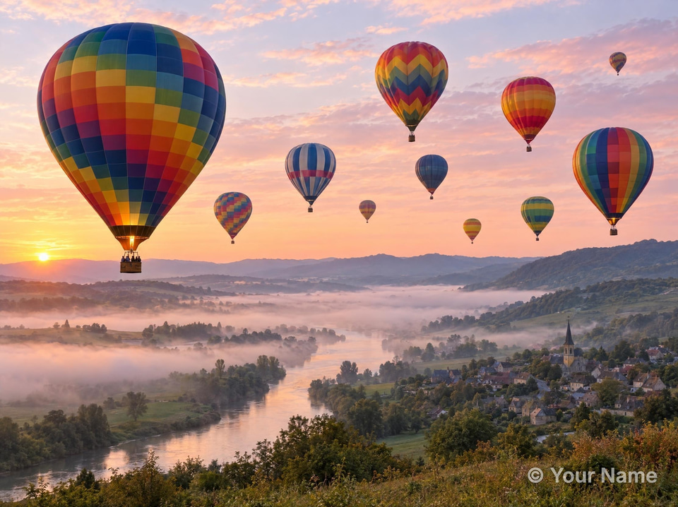 After: Hot-air balloons rising over a misty valley at dawn — watermarked