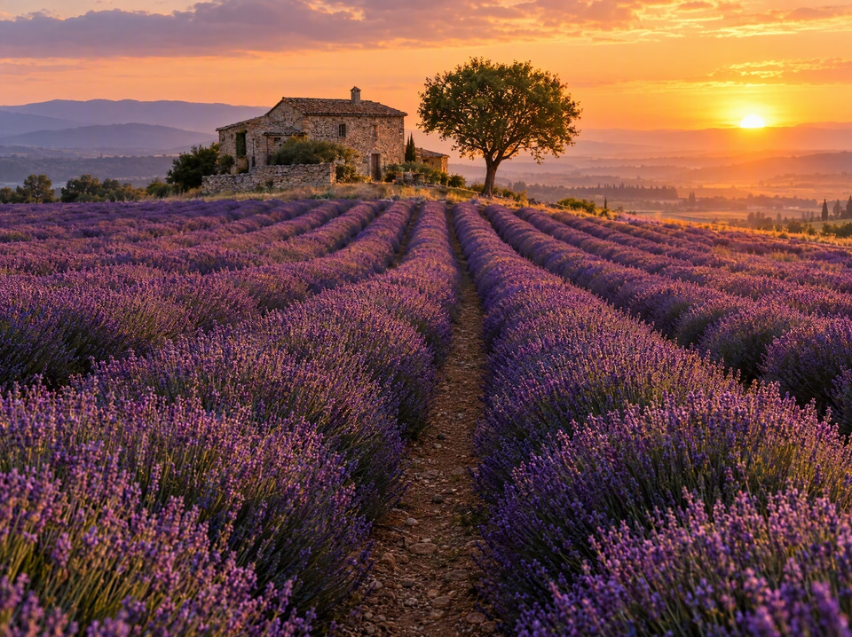 Rows of lavender leading to a stone farmhouse at sunset — converted