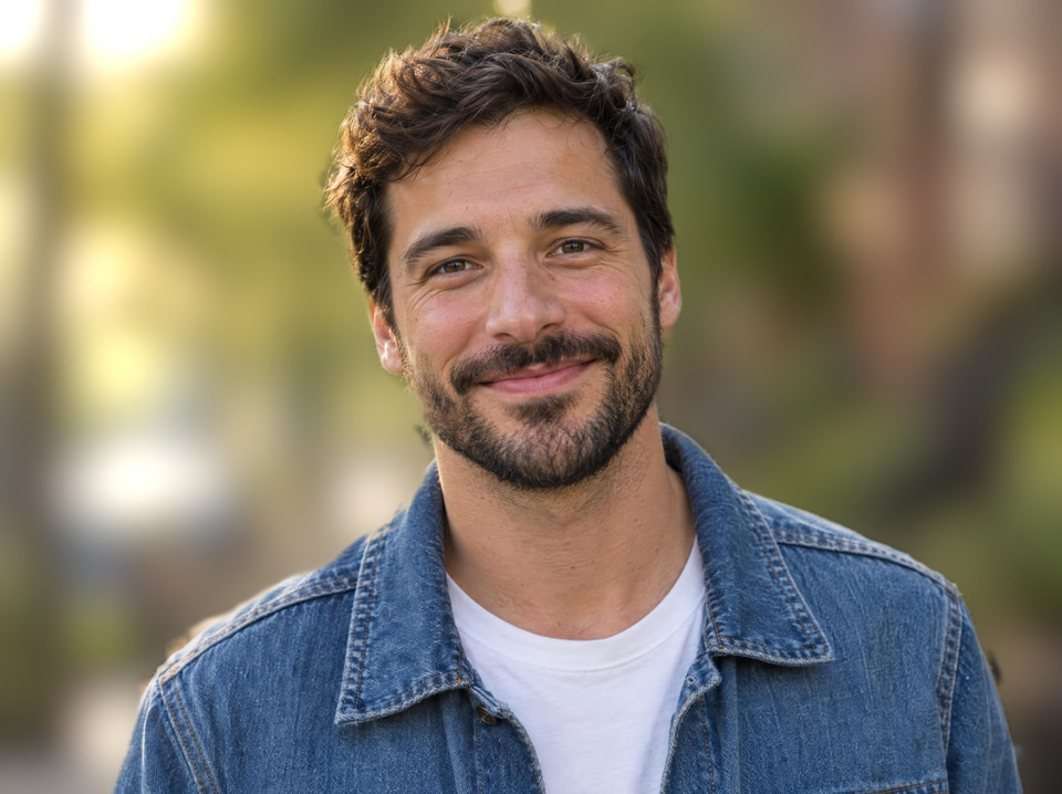 After: Friendly bearded man in a denim jacket smiling outdoors — background blurred