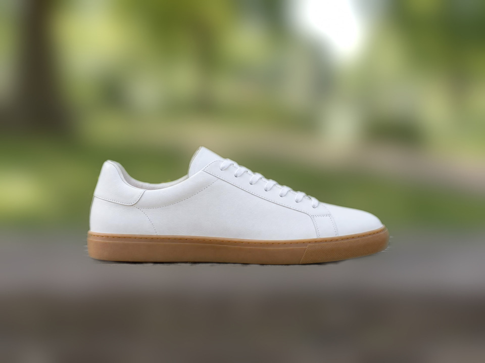 After: A white leather sneaker on a weathered wooden bench in a park — background blurred