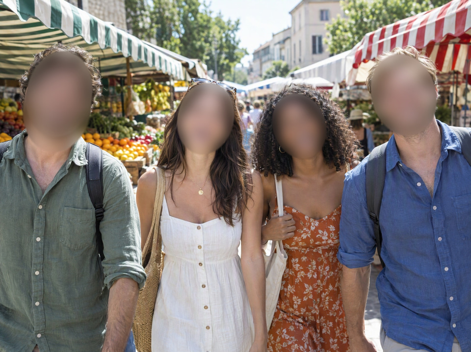 After: Four friends laughing together at an outdoor street market, faces towards the camera — faces blurred