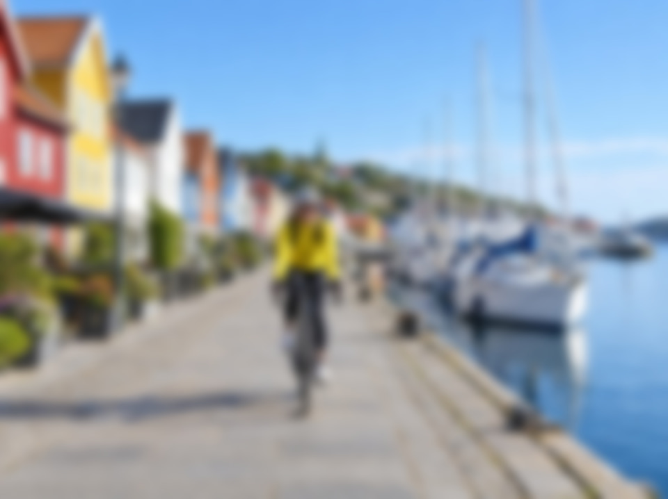 After: Cyclist riding along a colourful harbour promenade — blurred