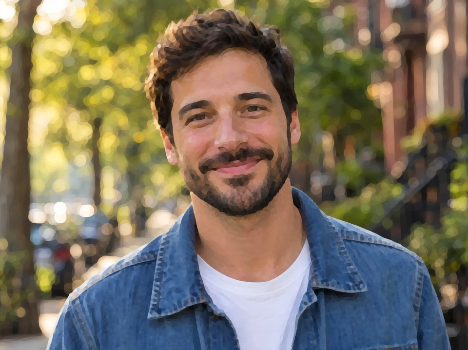 After: Friendly bearded man in a denim jacket smiling outdoors — painted cartoon