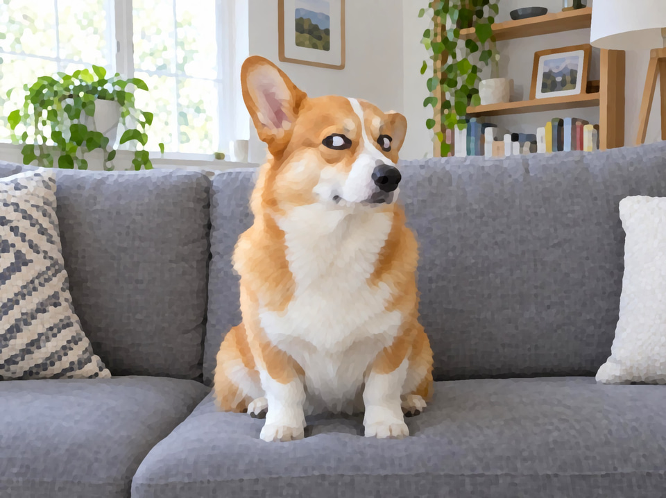 After: A corgi giving the camera a side-eye from a sofa — painted cartoon