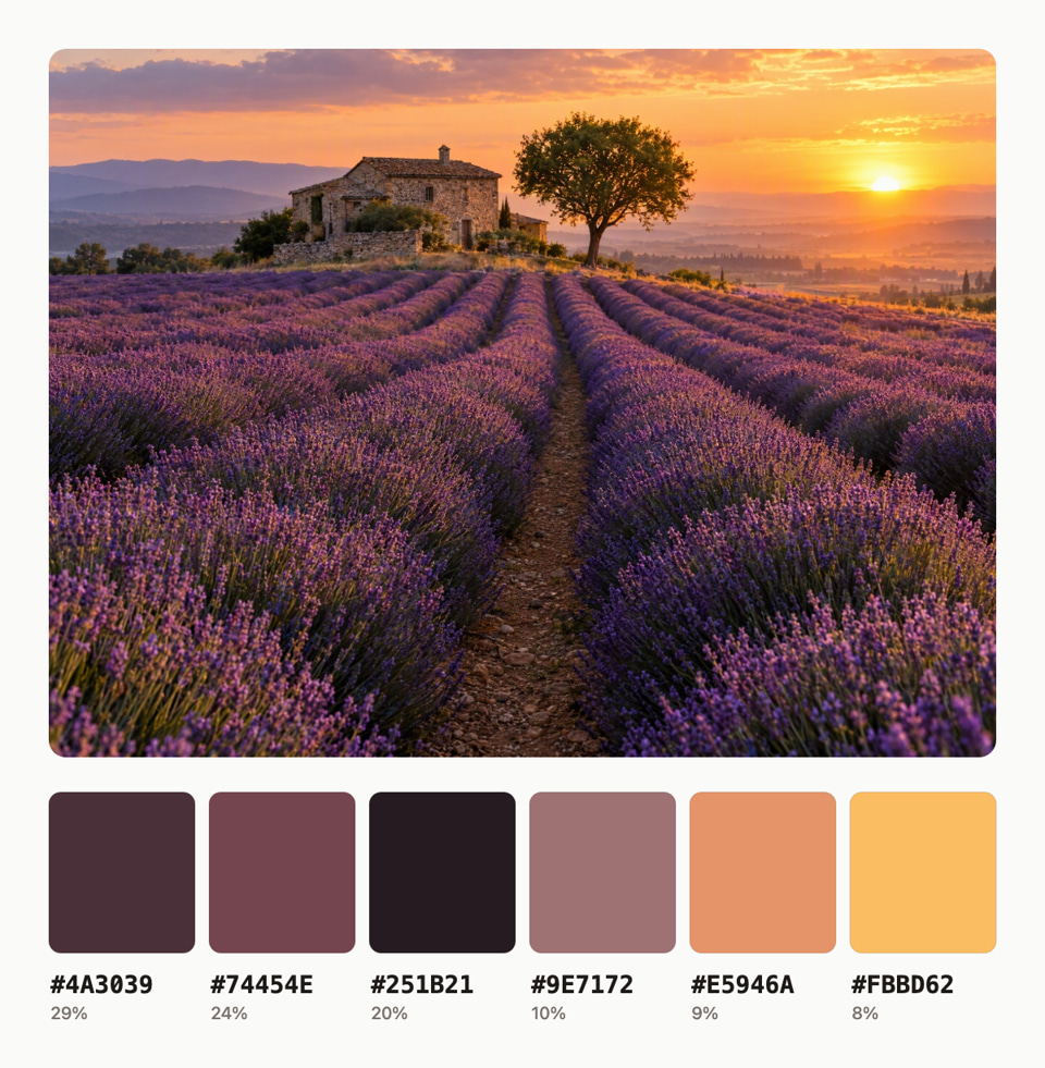 After: Rows of lavender leading to a stone farmhouse at sunset — palette