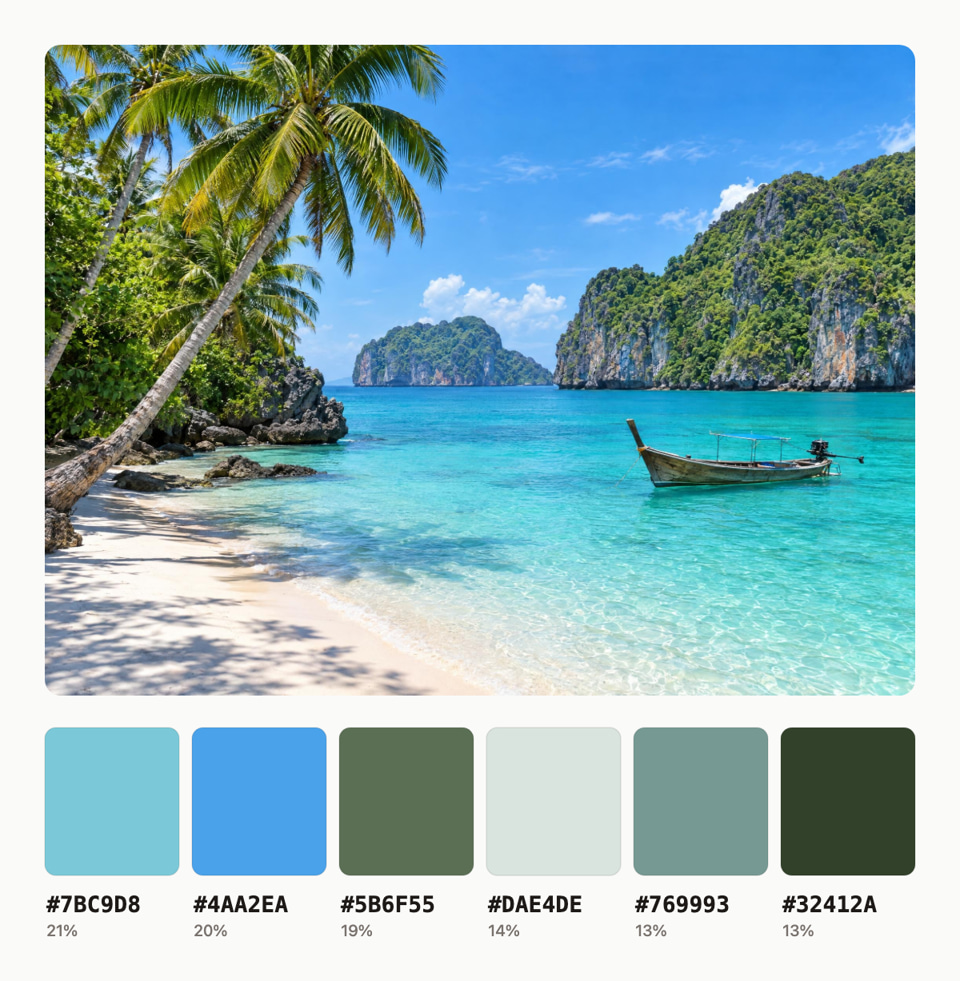 After: Turquoise tropical cove with palm trees and a wooden boat — palette
