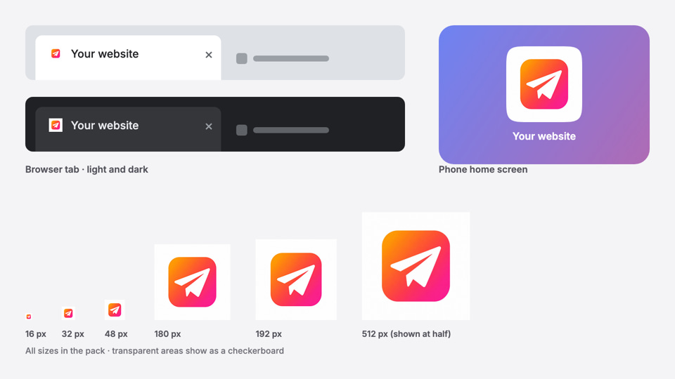 After: Flat app-icon mark: a white paper plane on an orange-to-pink gradient rounded square — favicon set