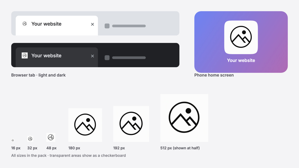 After: Minimal black mountain-and-sun emblem on a white background — favicon set