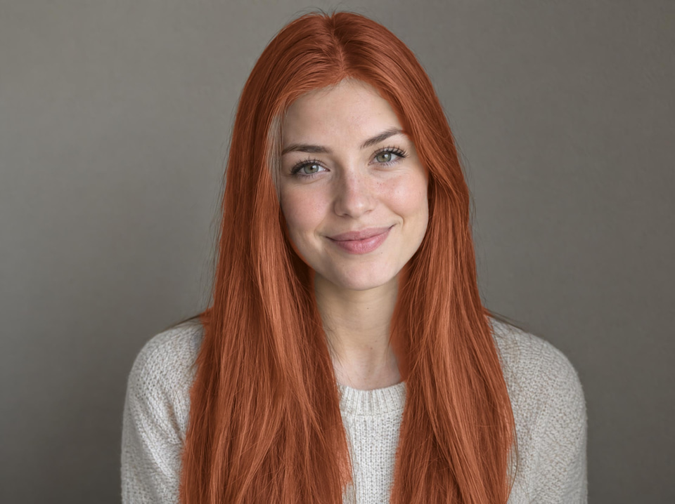 After: Woman with long light-brown hair in soft window light — new hair colour
