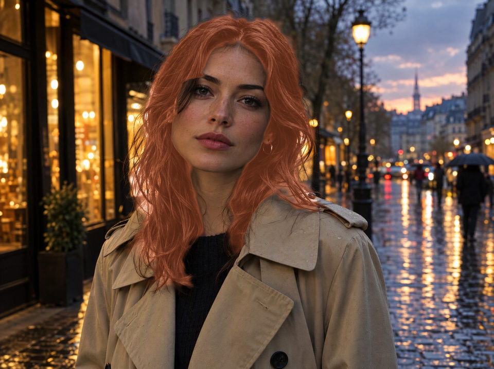 After: Woman in a trench coat on a rainy evening street — new hair colour