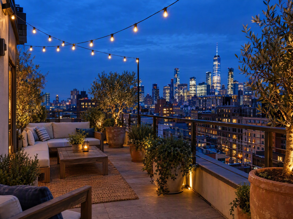Rooftop terrace overlooking a city at blue hour — converted