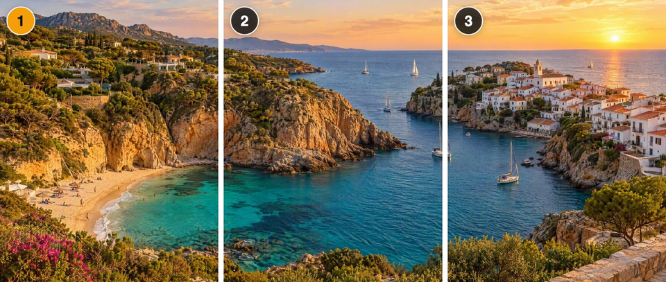 After: Wide panorama of a turquoise cove, cliffs and a white village at golden hour — split into tiles