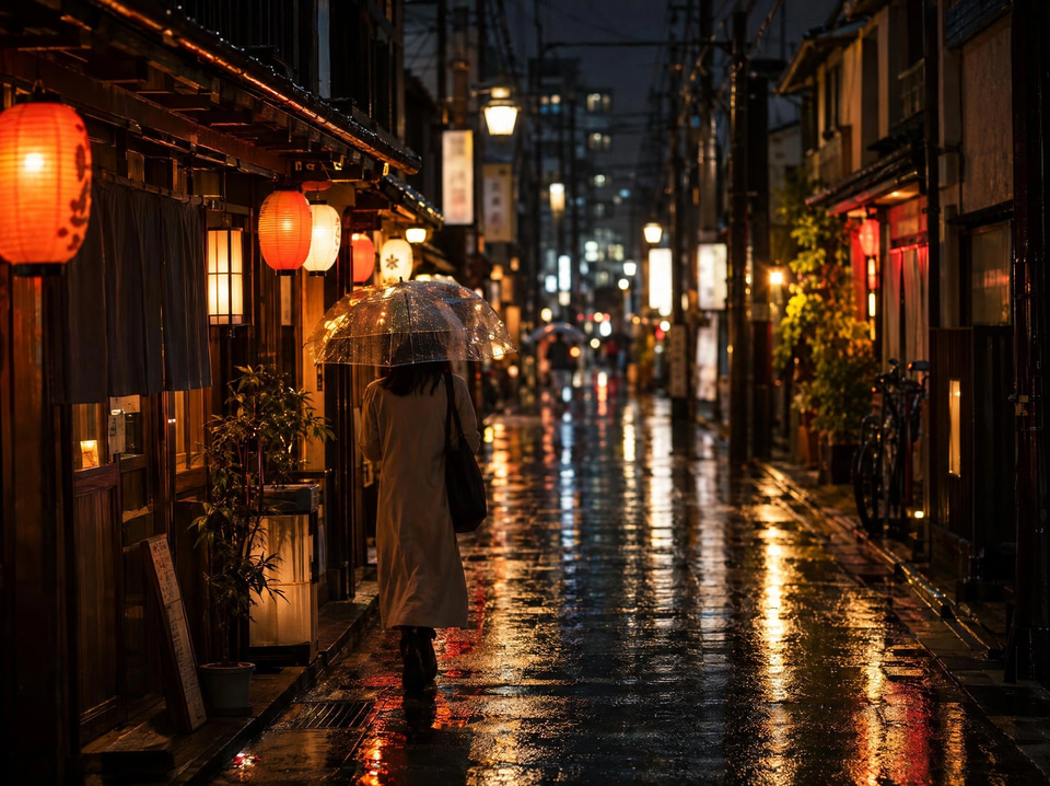 Rainy city side street at night with glowing lanterns and reflections — converted