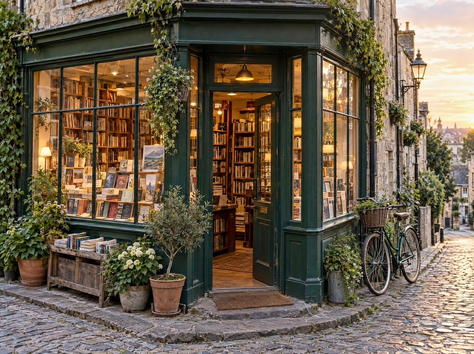 After: Cosy corner bookshop with a green facade and stacked books in the window — enhanced