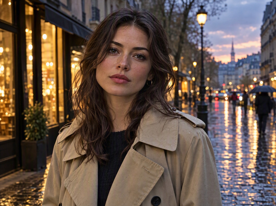 After: Woman in a trench coat on a rainy evening street — enhanced