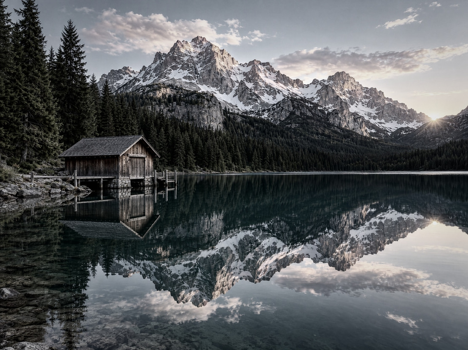 After: Wooden boathouse on an alpine lake at sunrise with pine forest and peaks — noir filter