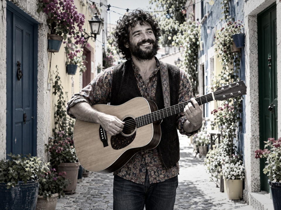 After: Street musician playing guitar in a colourful alley — noir filter