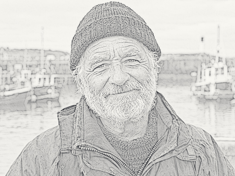 After: Weathered elderly fisherman with a knit cap and white beard — turned into a sketch