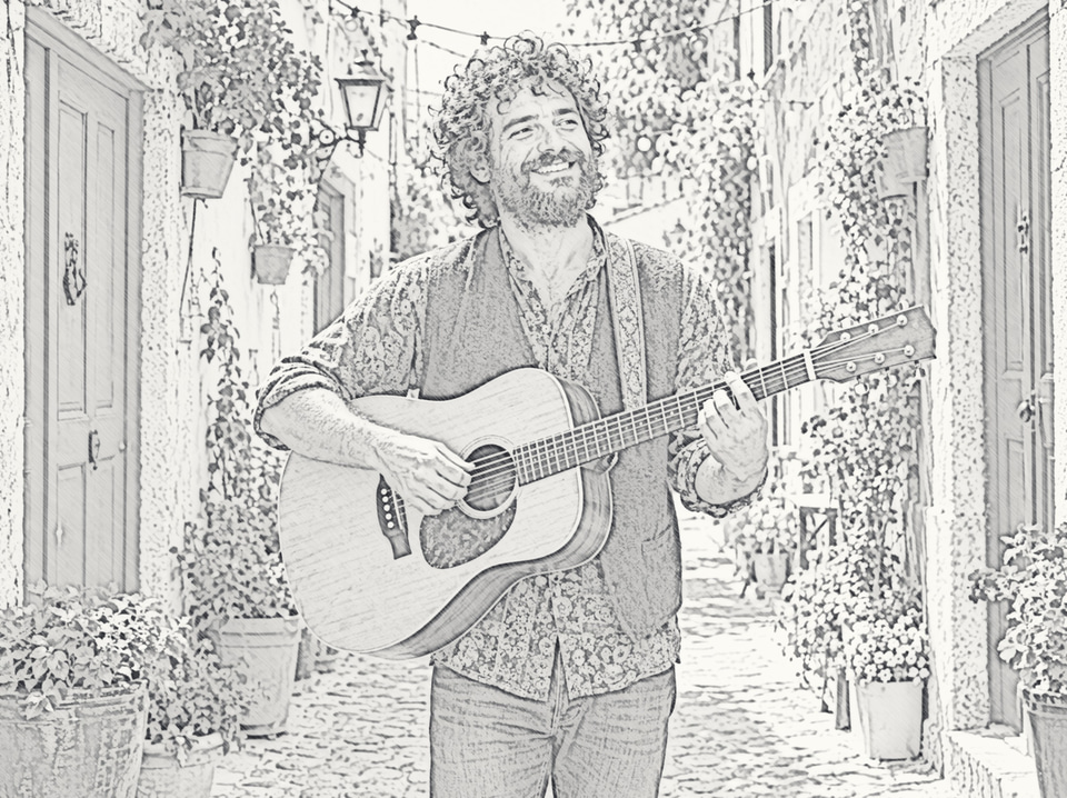 After: Street musician playing guitar in a colourful alley — turned into a sketch
