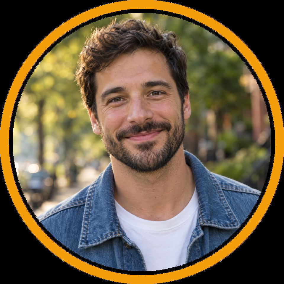 After: Friendly bearded man in a denim jacket smiling outdoors — profile picture