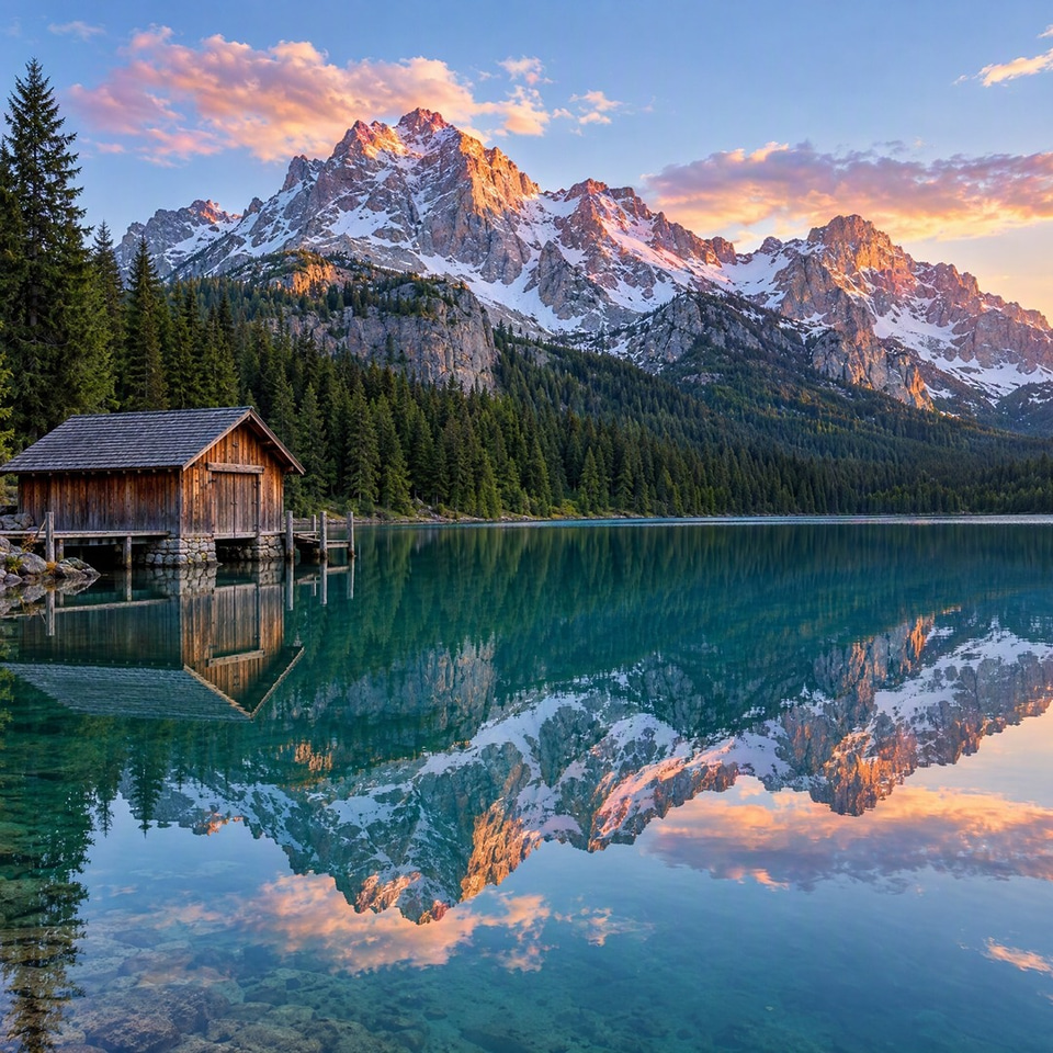 After: Wooden boathouse on an alpine lake at sunrise with pine forest and peaks — resized
