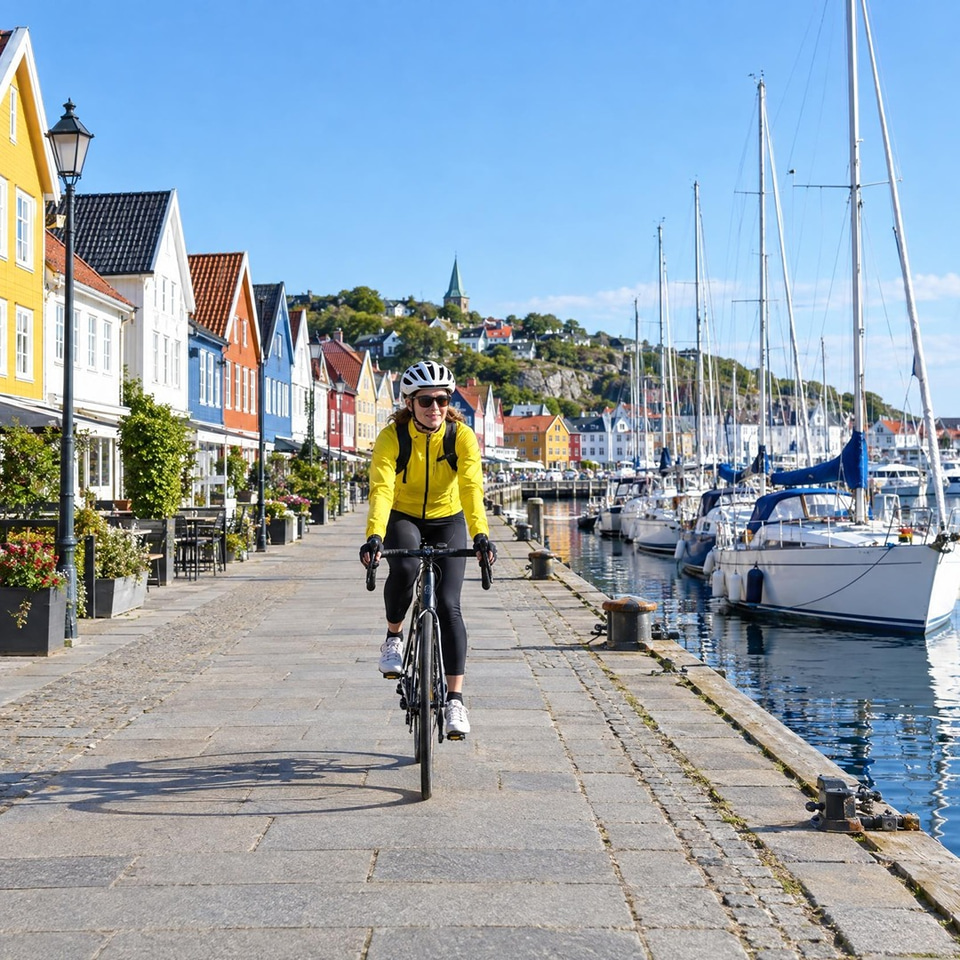 After: Cyclist riding along a colourful harbour promenade — resized