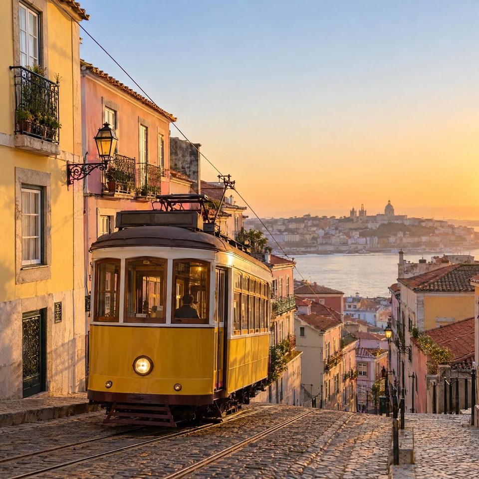 After: Yellow tram climbing a steep old-town street at golden hour — resized