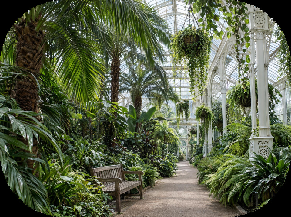 After: Victorian glasshouse full of palms and ferns in soft daylight — rounded corners