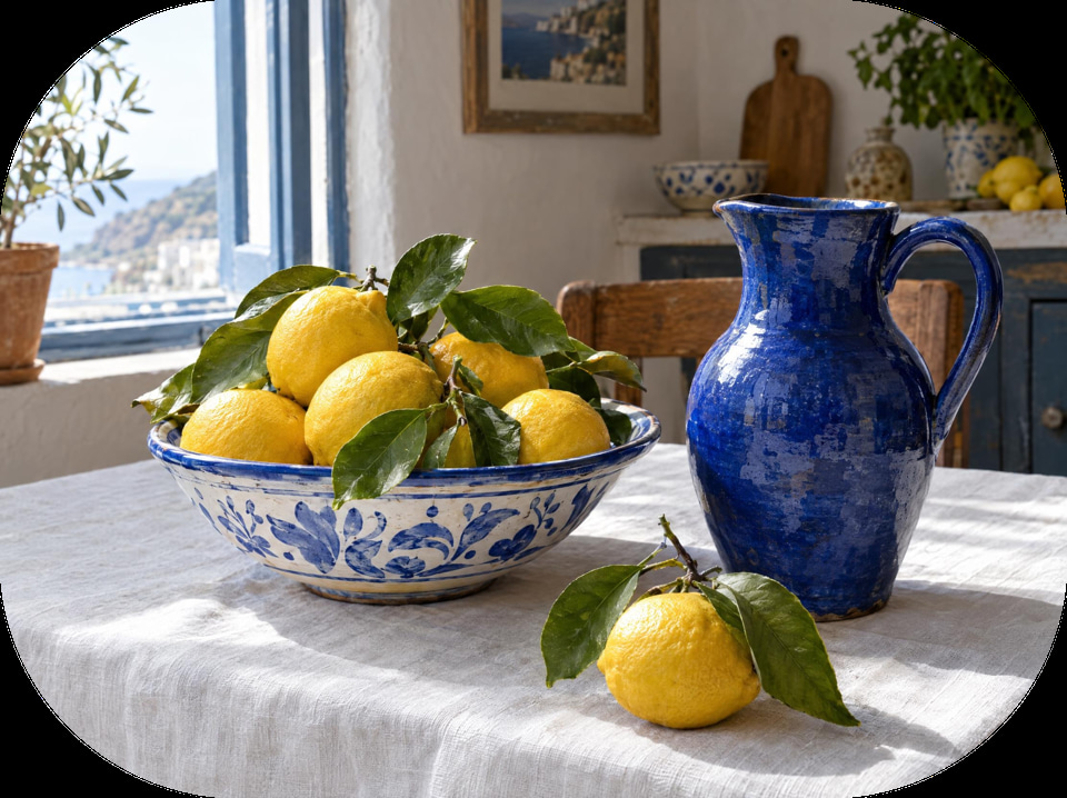 After: Still life of lemons and a blue ceramic jug on a linen tablecloth — rounded corners