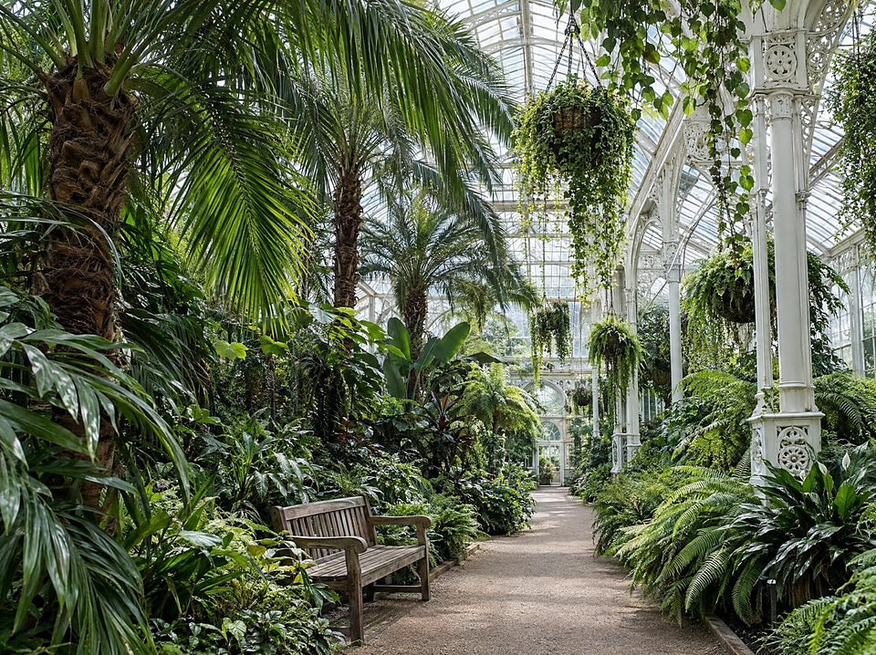 After: Victorian glasshouse full of palms and ferns in soft daylight — sharpened
