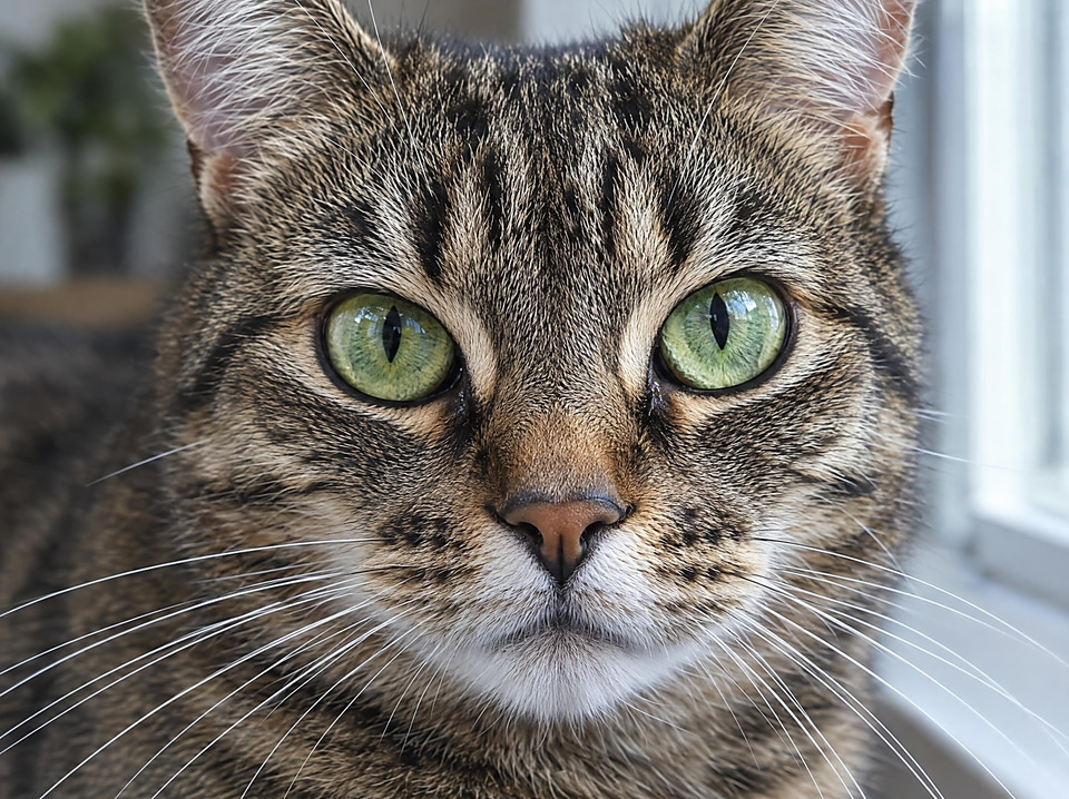 After: Close-up of a tabby cat's face with green eyes and fine whiskers — sharpened