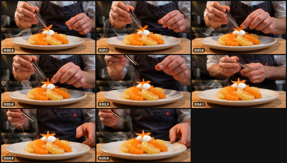 Chef plating a citrus dessert with tweezers in a restaurant kitchen — frames saved