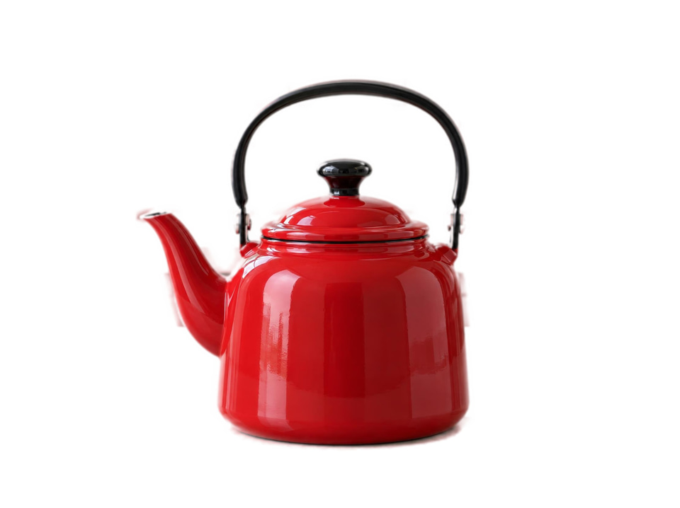 After: Glossy red enamel teapot on a kitchen counter — on a white background