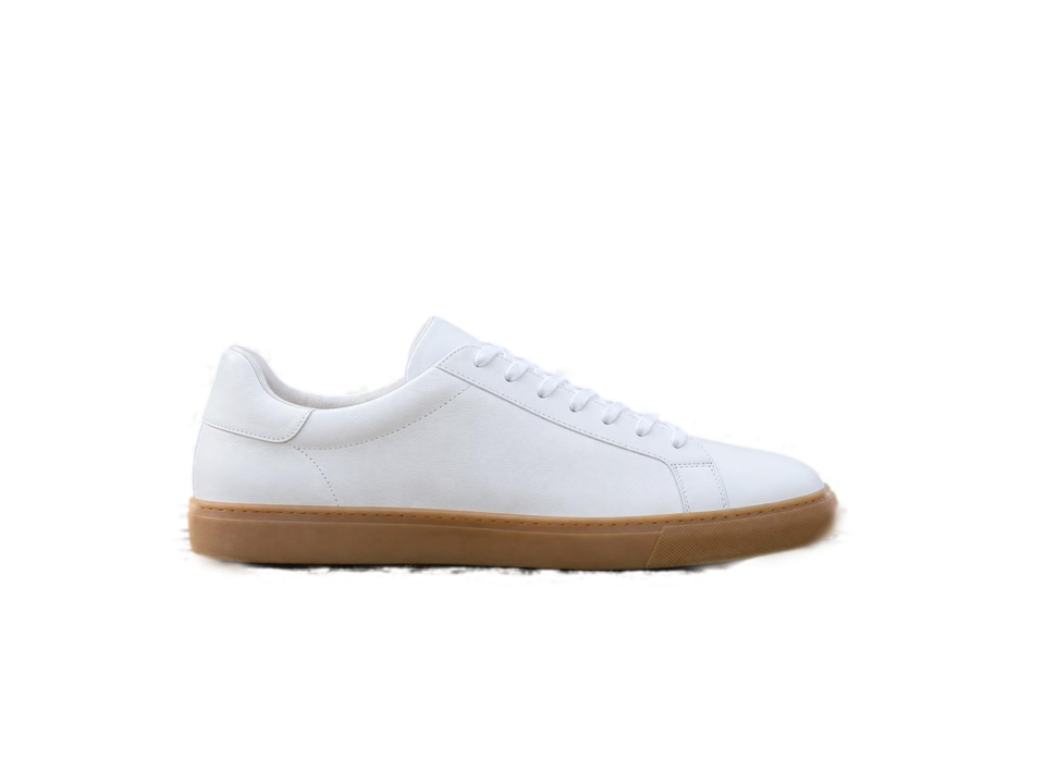 After: A white leather sneaker on a weathered wooden bench in a park — on a white background