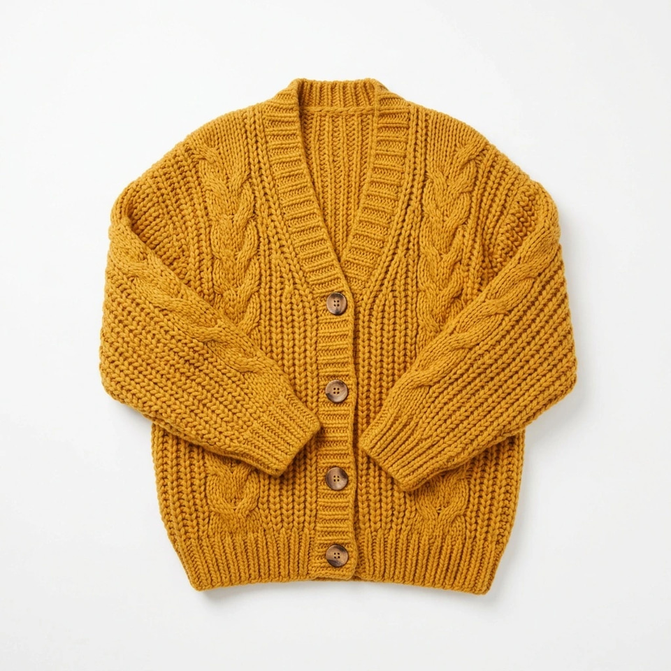A mustard knit cardigan laid flat on white. — made with Nano Banana 2.1