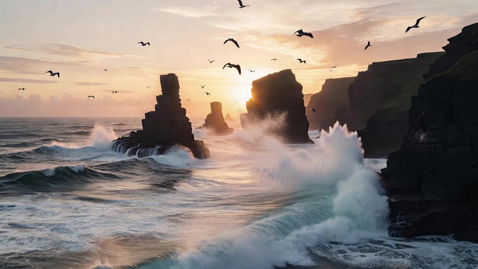 Waves breaking on sea stacks at sunrise. — made with Bold Video 1.5 Lite
