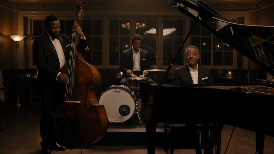 A jazz trio playing a small club at night, with its sound. — made with Kling 4.0