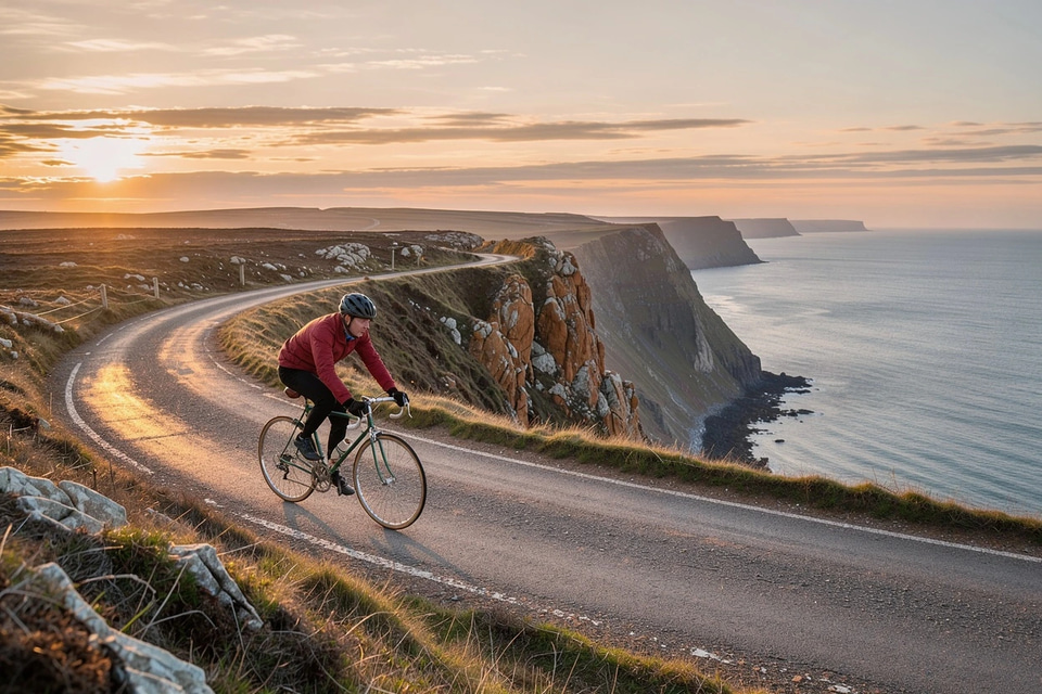 A cyclist in red on a coastal cliff road at sunrise. — made with Flux 3 Image