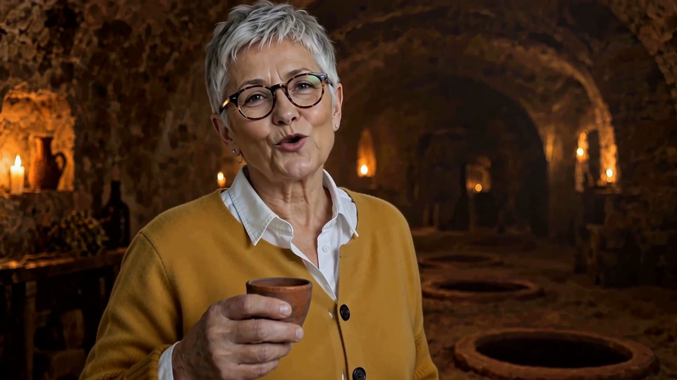 A cellar toast recast with one full-length photo — the raised cup, the smile and the sip kept, the voice still the original. — made with Imagera Hermes Max Recast