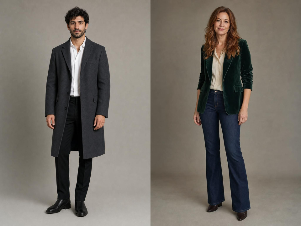 Two full-length photos: a young bearded man in a charcoal coat, and a woman with long auburn hair in a green velvet blazer