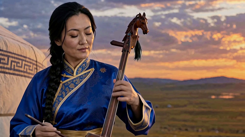A later shot of the same recast clip: after the cut, a close-up of the woman with the braid and blue robe playing the horse-head fiddle