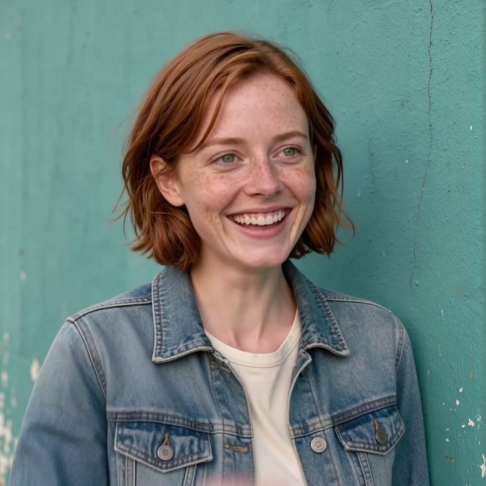 A still portrait brought to life: she laughs and tucks her hair back. — made with Vidu Q4