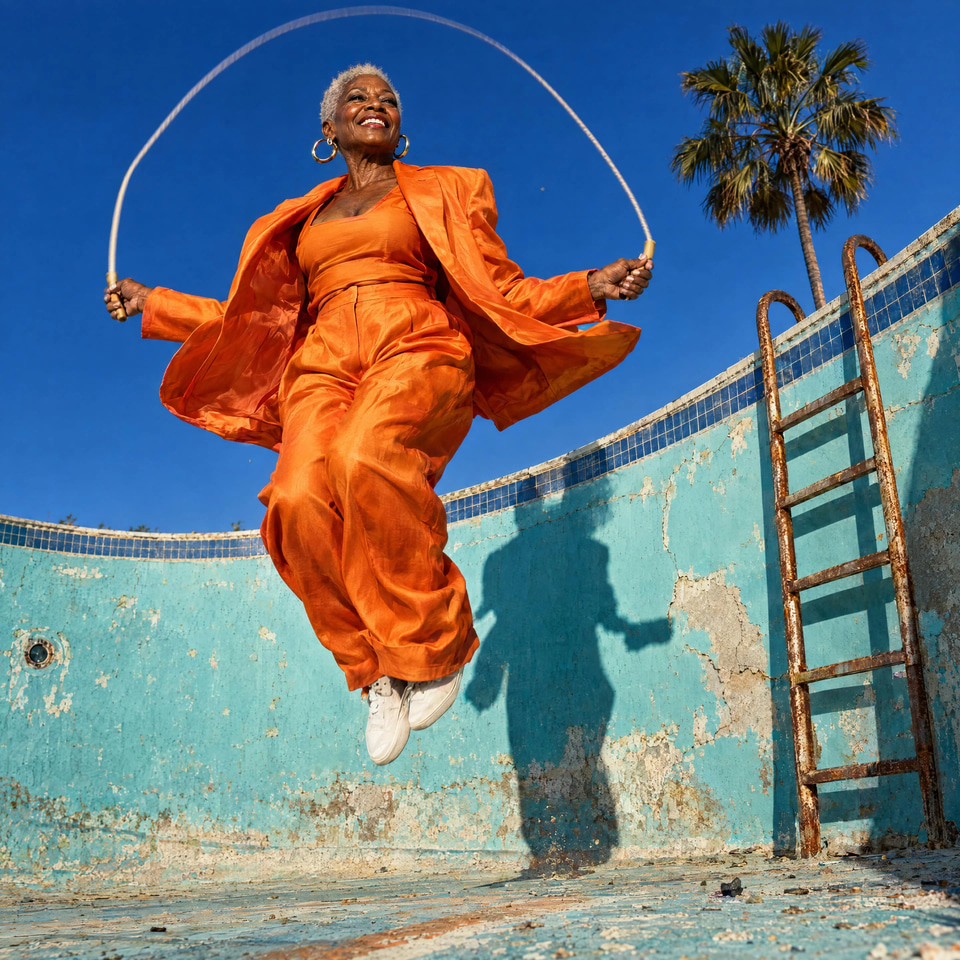 A silver-haired woman in a tangerine suit leaps rope inside a drained turquoise pool. — made with ChatGPT 2.5 Flare